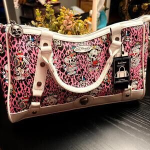 Ed Hardy Pink Cheetah Skull Satchel Crossbody Large Tattoo Y2K NWT